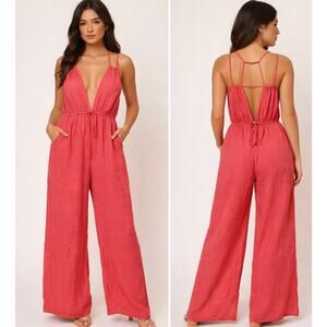 BlueVELVET jumpsuit V-neck, halter-straps-criss-cross back, side cut-outs S Nwt